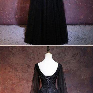 Black Tulle Lace Long Sleeve Prom Dress A Line..