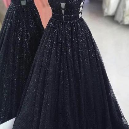Black Tulle Sequins Dress Long A Line Formal Prom..