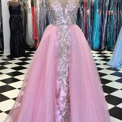 Design 2020 Pink Tulle Long Winter Formal Dress..