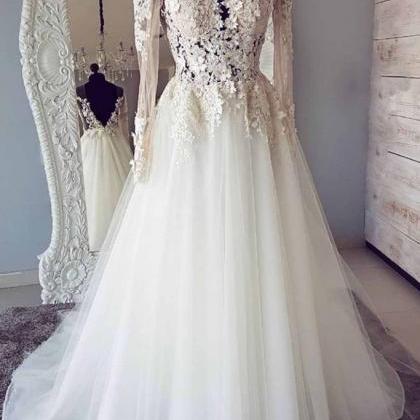 White Tulle Lace Long Prom Dress Round Neck..