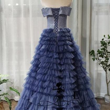 Blue Tulle A Line Customize Long Sequins Dress,..