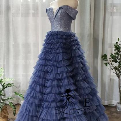 Blue Tulle A Line Customize Long Sequins Dress,..