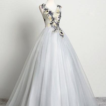 Simple Long Tulle V Neck Prom Dress, Long..