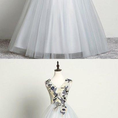 Simple Long Tulle V Neck Prom Dress, Long..