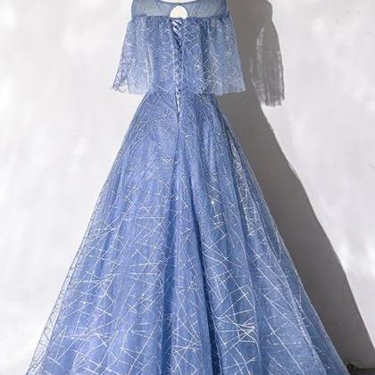 Blue Sequins Tulle Dress, Blue Round Neck A Line..
