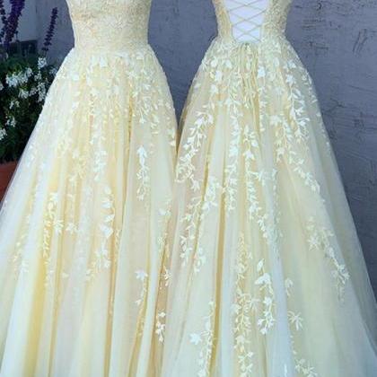 Yellow Tulle Lace Spaghetti Straps Long Backless..
