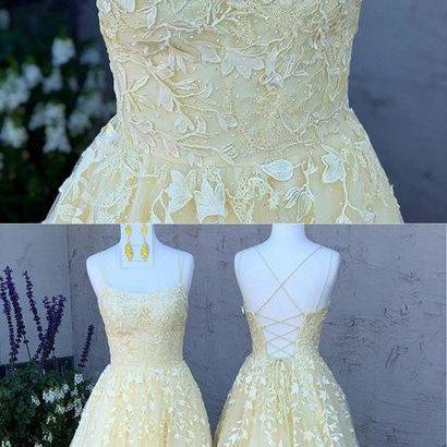 Yellow Tulle Lace Spaghetti Straps Long Backless..