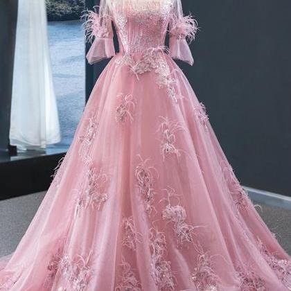 Unique Pink Tulle Lace Mid Sleeve Long A Line..