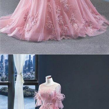 Unique Pink Tulle Lace Mid Sleeve Long A Line..