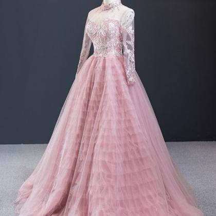 Pink Tulle Hight Neck Long Customize A Line Formal..