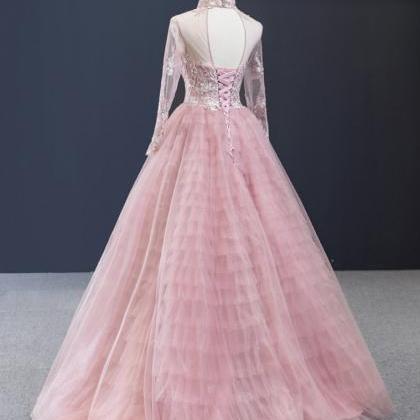 Pink Tulle Hight Neck Long Customize A Line Formal..