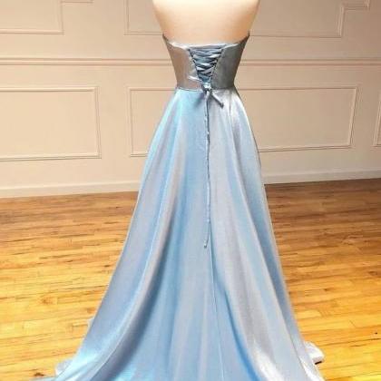 Simple Light Blue Satin Strapless Long A Line Prom..