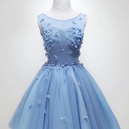 Blue Tulle Round Neck Short A Line Prom Dress,..