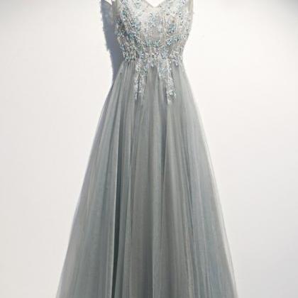 Gray Tulle Open Back Long Customize Sequins Prom..