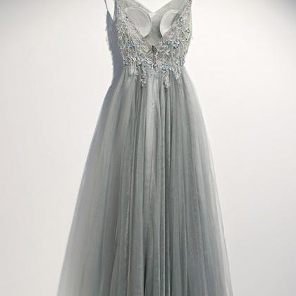 Gray Tulle Open Back Long Customize Sequins Prom..