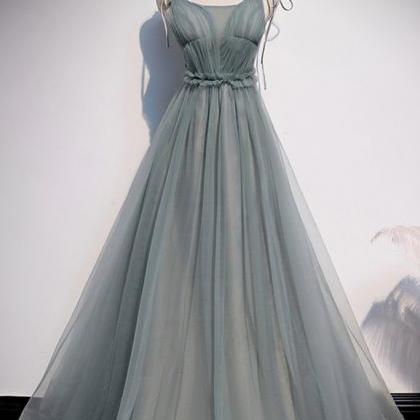 Simple Blue Gray Tulle A Line Long Customize Prom..