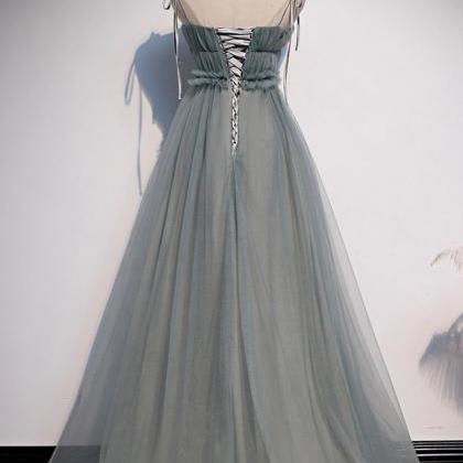 Simple Blue Gray Tulle A Line Long Customize Prom..