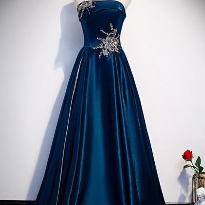 Blue Satin Strapless Long A Line Customize Prom..