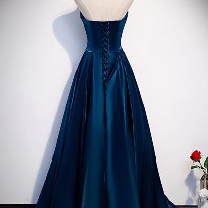 Blue Satin Strapless Long A Line Customize Prom..