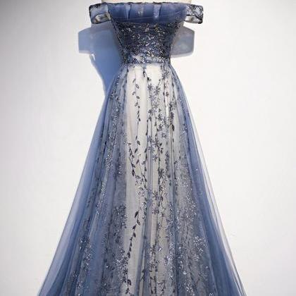 Stunning Blue Tulle Off Shoulder A Line Long Prom..