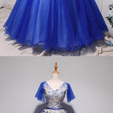 Simple V Neck Royal Blue Tulle Long Prom Dress Blue Evening Dress
