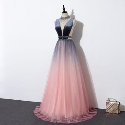 Unique Pink Tulle Long O Neck Beaded Prom Dress,..