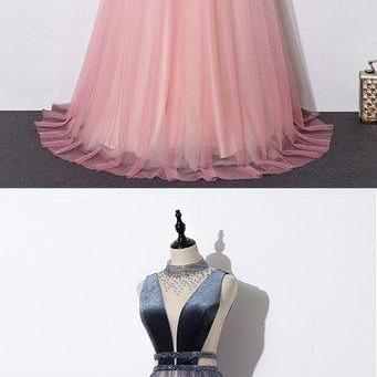 Unique Pink Tulle Long O Neck Beaded Prom Dress,..