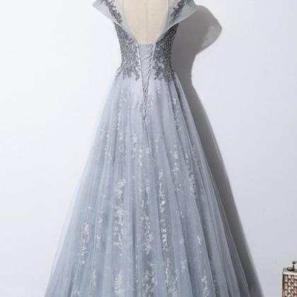 Gray Tulle Sequins Long Open Back Round Neck A..