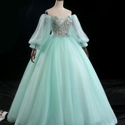 Light Green Puffy Sleeves Tulle Long Formal Dress, Light Green Prom Dress main image 1