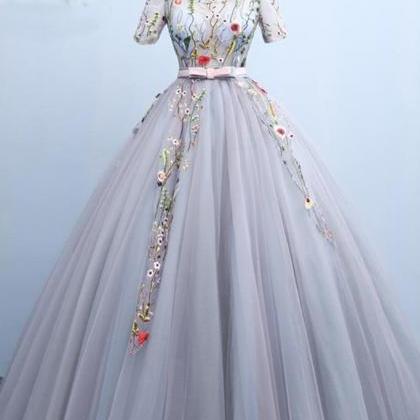 Grey Embroidery Tulle Off Shoulder Floor Length..