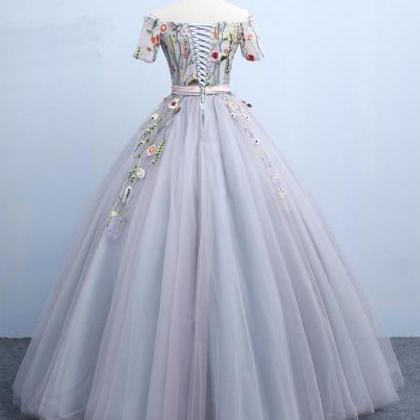 Grey Embroidery Tulle Off Shoulder Floor Length..