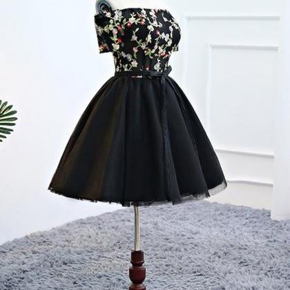 Black Embroidery Tulle Strapless Short Prom Dress,..