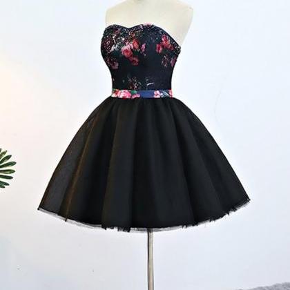 Black Lace Colorful Floral Satin Short Prom Dress,..