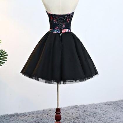 Black Lace Colorful Floral Satin Short Prom Dress,..