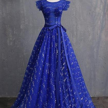 Royal Blue Sequins Tulle Cap Sleeve Long Formal..