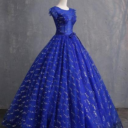 Royal Blue Sequins Tulle Cap Sleeve Long Formal..