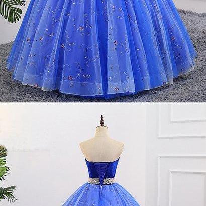Blue Embroidery Tulle Velvet Top Long Prom Dress,..