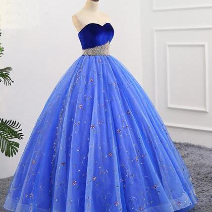 Blue Embroidery Tulle Velvet Top Long Prom Dress,..