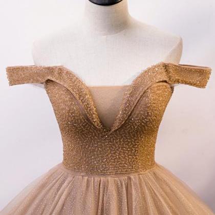 Champagne Tulle Crystal Beaded Floor Length Off..