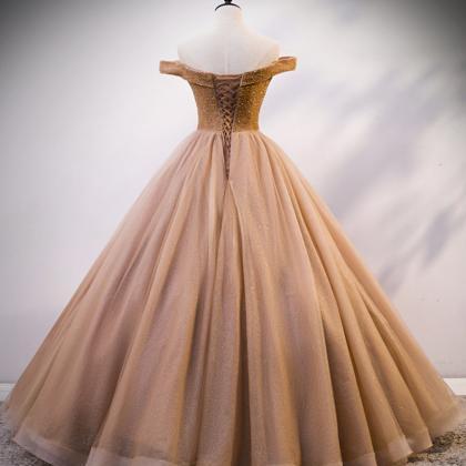 Champagne Tulle Crystal Beaded Floor Length Off..
