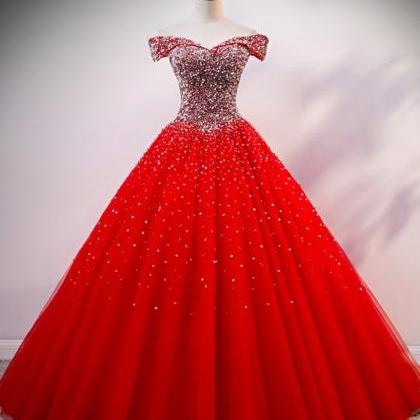 Red Tulle Silver Sequins Off Shoulder Long Prom..