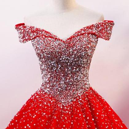 Red Tulle Silver Sequins Off Shoulder Long Prom..