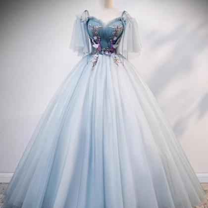 Blue Tulle V Neck Off Shoulder Long Prom Dress,..