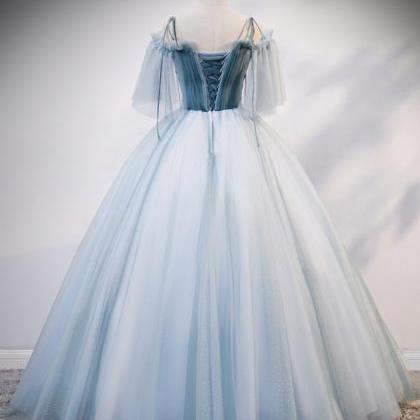 Blue Tulle V Neck Off Shoulder Long Prom Dress,..