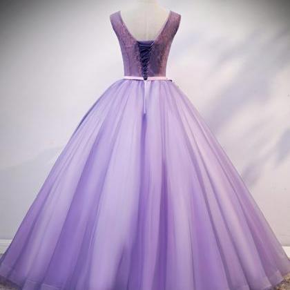 Light Purple Tulle Round Neck Long Halter Prom..