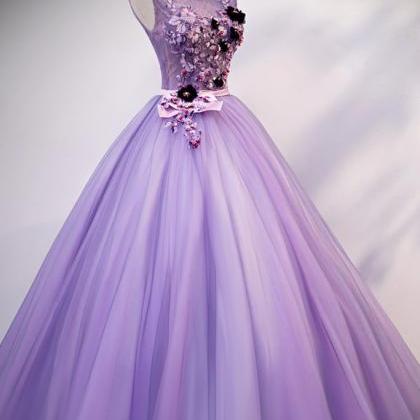 Light Purple Tulle Round Neck Long Halter Prom..