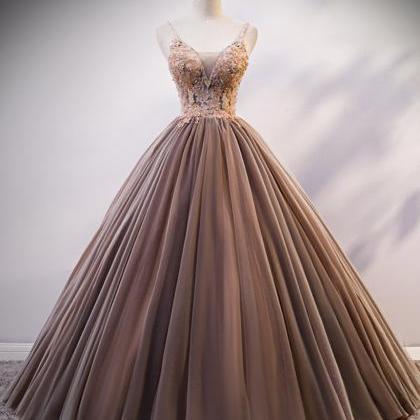 Unique Coffee Tulle Beaded Long Lace Prom Dress,..