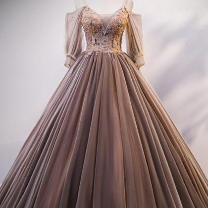 2021 Unique Coffee Tulle Off Shoulder Beaded Long..