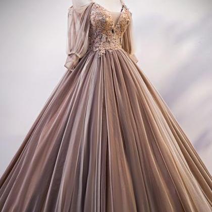 2021 Unique Coffee Tulle Off Shoulder Beaded Long..