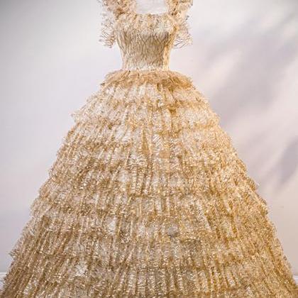 Gold Sequins Tulle Long Halter Prom Dress, Gold..